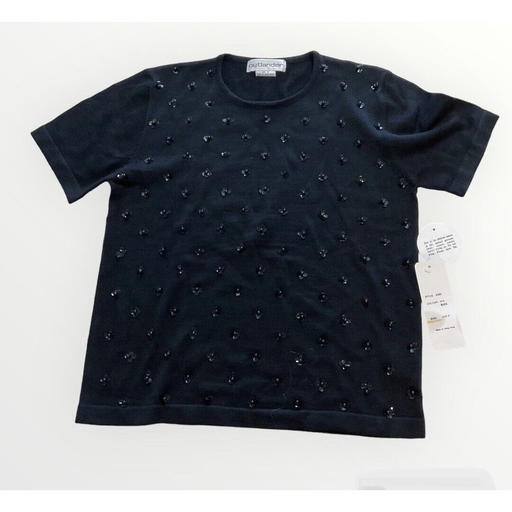 Vintage 80s 90s Outlander Sequin Black Flower Sweater Top Women's Small Chic New